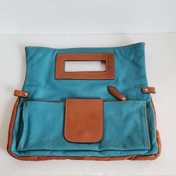 Vintage MODA in ITALIA Convertible 3in1 Leather Clutch Handbag Turquoise Cognac - Picture 10 of 13